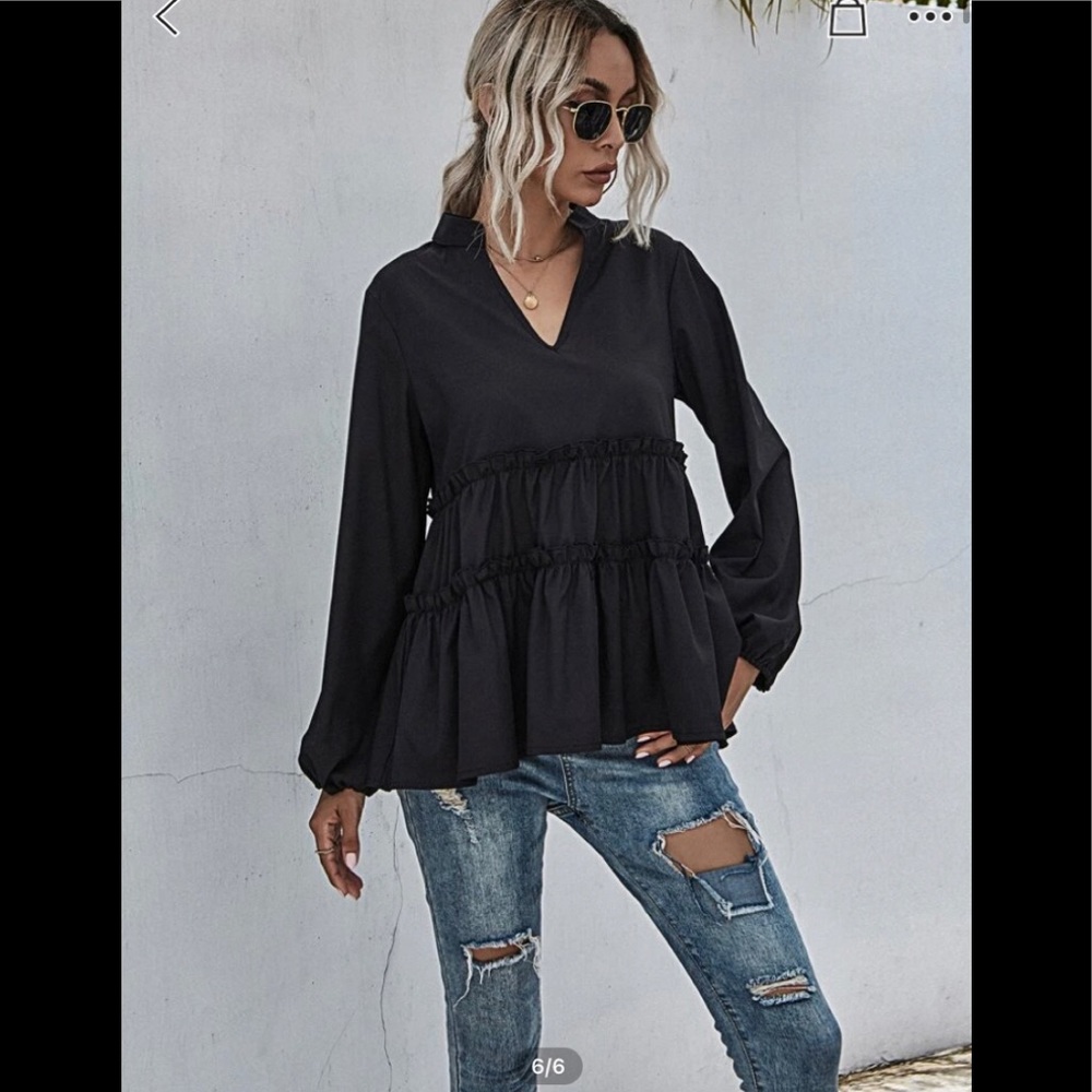 NOTCHED NECK FRILL RUFFLE HEM BLACK BLOUSE - Picture 5 of 8